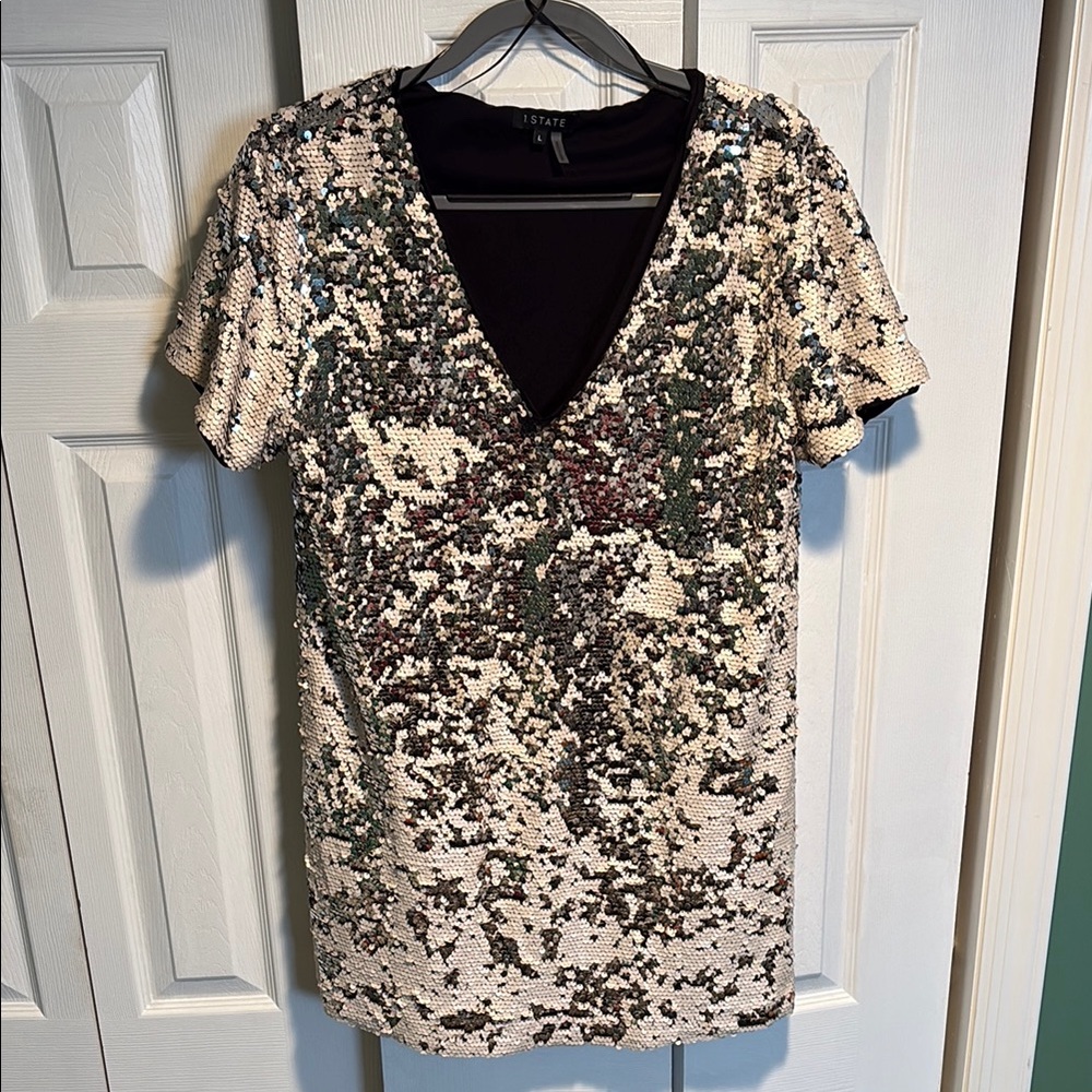1. State Sequin V-Neck Short Sleeve Midi Dress in Ivory and Olive
